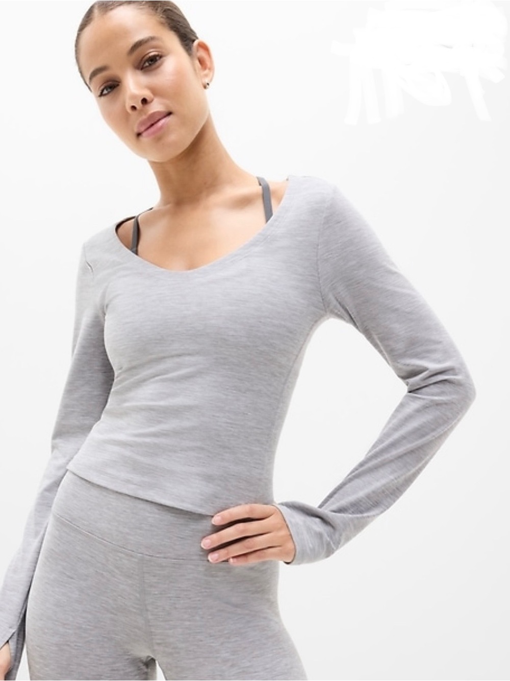 Athleta Softluxe Top. Cropped Light Gray Long Sleeve Scoop Neck Performance Top